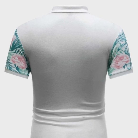 Casual White Men's Tropical Print Polo Shirt - Picture 2 of 4